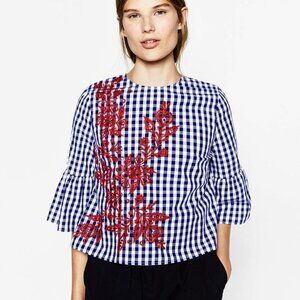 Mac Dougal & Houston Blue White Check Pattern Red Floral Embroidery Blouse P3137